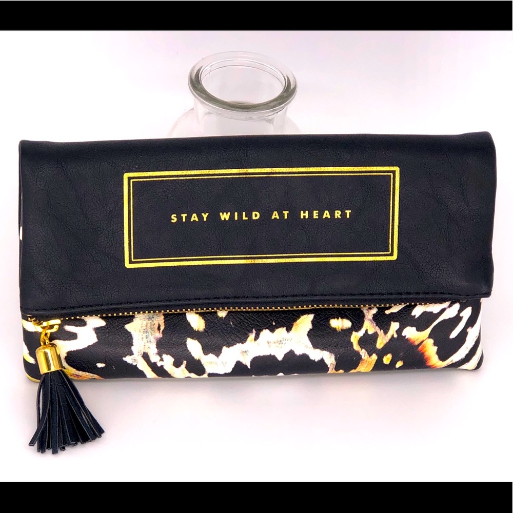 “Stay Wild at Heart” animalprint fold over clutch